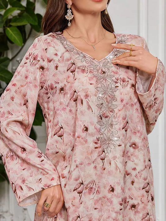 Women'S Elegant Pink & Floral Kaftan Dress with Rhinestone Embellished Collar & Sleeve Trim - Long Sleeve A-Line Floor-Length Formal & Semi-Formal Islamic Wedding, Party Outfit, Wedding Dresses For Bride, Wedding Guest Dresses