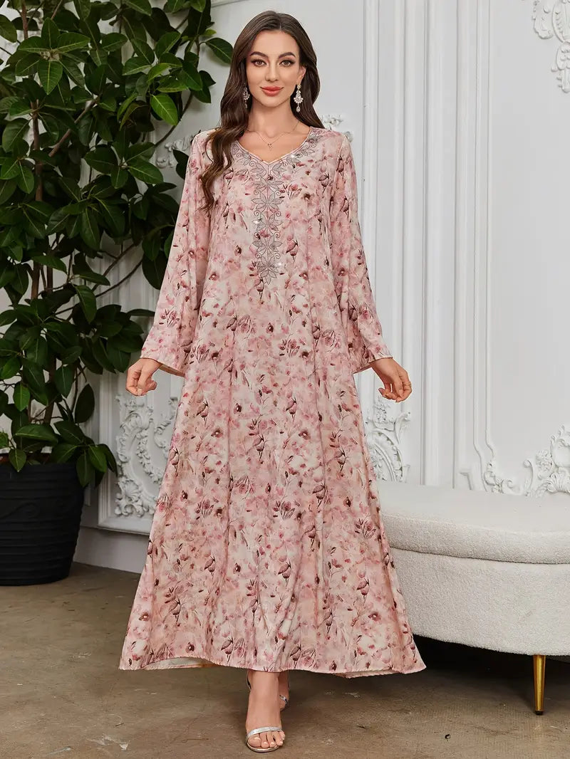 Women'S Elegant Pink & Floral Kaftan Dress with Rhinestone Embellished Collar & Sleeve Trim - Long Sleeve A-Line Floor-Length Formal & Semi-Formal Islamic Wedding, Party Outfit, Wedding Dresses For Bride, Wedding Guest Dresses