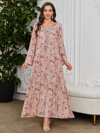 Women'S Elegant Pink & Floral Kaftan Dress with Rhinestone Embellished Collar & Sleeve Trim - Long Sleeve A-Line Floor-Length Formal & Semi-Formal Islamic Wedding, Party Outfit, Wedding Dresses For Bride, Wedding Guest Dresses