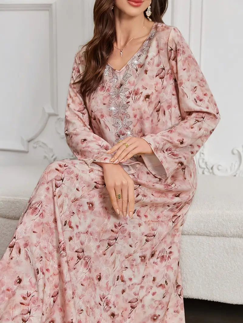 Women'S Elegant Pink & Floral Kaftan Dress with Rhinestone Embellished Collar & Sleeve Trim - Long Sleeve A-Line Floor-Length Formal & Semi-Formal Islamic Wedding, Party Outfit, Wedding Dresses For Bride, Wedding Guest Dresses