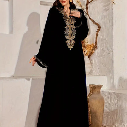 Women'S Elegant Maxi Dress - Long Sleeve Formal & Everyday Islamic Abaya with Flowy Train, Black & Golden Accent - All-Season Modest Muslim Wedding, Stylish Abaya, Arabic Dresse For Women Elegant, Abaya For Women Muslim, Abaya For Women