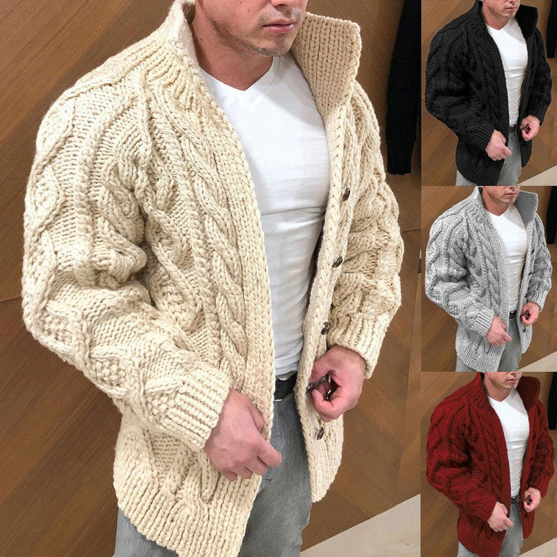 New Men&#039;s Sweater Popular Cardigan Heavy-Duty Long-Sleeved Stand-Up Collar Cable Jacquard Casual Men&#039;s Clothing