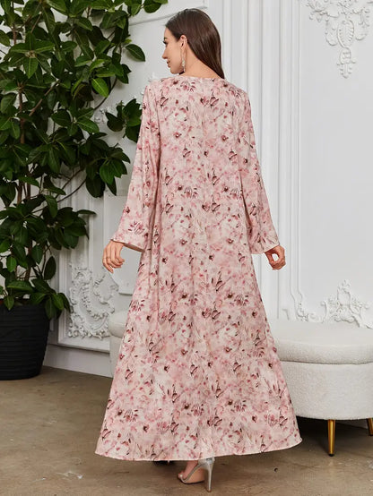 Women'S Elegant Pink & Floral Kaftan Dress with Rhinestone Embellished Collar & Sleeve Trim - Long Sleeve A-Line Floor-Length Formal & Semi-Formal Islamic Wedding, Party Outfit, Wedding Dresses For Bride, Wedding Guest Dresses