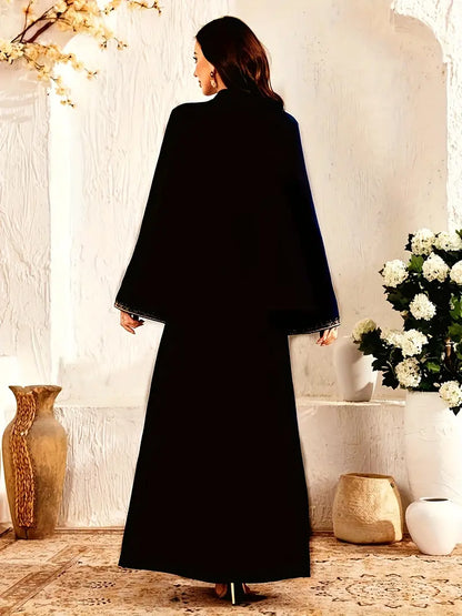 Women'S Elegant Maxi Dress - Long Sleeve Formal & Everyday Islamic Abaya with Flowy Train, Black & Golden Accent - All-Season Modest Muslim Wedding, Stylish Abaya, Arabic Dresse For Women Elegant, Abaya For Women Muslim, Abaya For Women