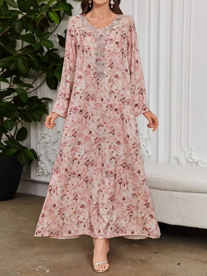Women'S Elegant Pink & Floral Kaftan Dress with Rhinestone Embellished Collar & Sleeve Trim - Long Sleeve A-Line Floor-Length Formal & Semi-Formal Islamic Wedding, Party Outfit, Wedding Dresses For Bride, Wedding Guest Dresses