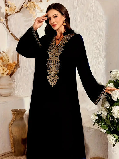 Women'S Elegant Maxi Dress - Long Sleeve Formal & Everyday Islamic Abaya with Flowy Train, Black & Golden Accent - All-Season Modest Muslim Wedding, Stylish Abaya, Arabic Dresse For Women Elegant, Abaya For Women Muslim, Abaya For Women